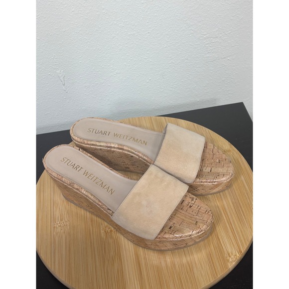 Stuart Weitzman Size‎ 8 Women's Wedge Sandals Cork Platform Slides Beige Suede - Picture 1 of 11